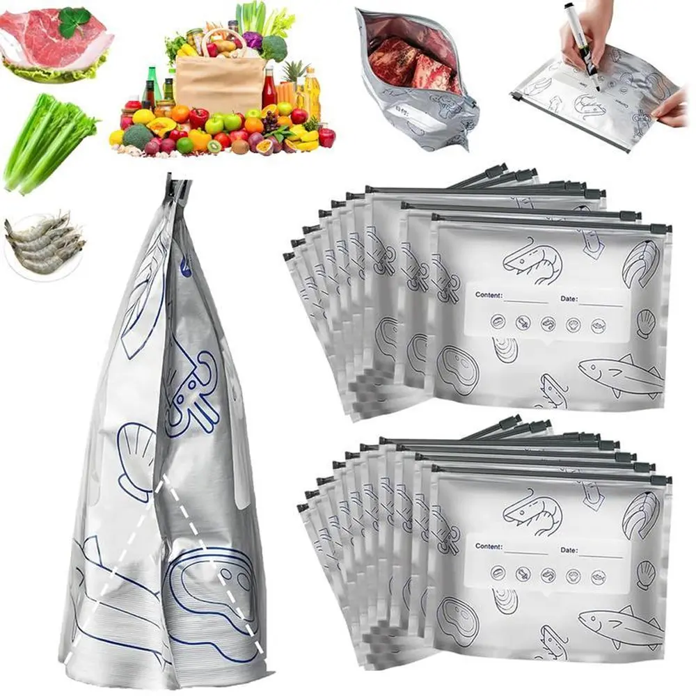 30PCS 3 Sizes Reusable Aluminum Foil Zip Bag Food Containers, Airtight Leakproof Re-Washable Slider Freezer Bags, Food-Grade Freezer-Burn Resistant Write-On Label Pouches for Meat Vegetable Meal Prep (Maintains Freshness)