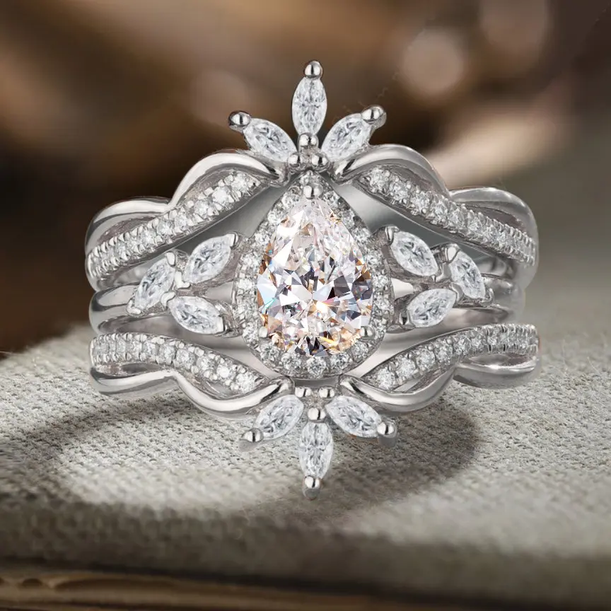 2-Piece Stacking Ring Set for Women, Gothic Crown-Inspired Twisted Band with Pear-Cut and Marquise-Cut CZ, Hypoallergenic Dual-Tone Wedding Jewelry, Rings For Women, Funky Unique Accessories, Dual-Tone Color Options, Comfortable & Skin-Friendly