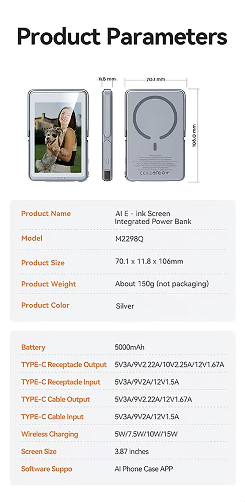 AI E-Ink Power Bank All-in-One Device 5000mAh Free Image Replacement AI-Powered Portable Charger Magnetic charging