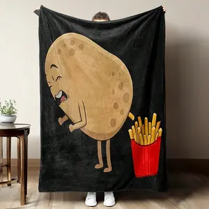 Cartoon French Fries Flannel Blanket Soft Warm Tear-Resistant Smiling Potato All-Season Sofa Bed Camping Party Gift Christmas Birthday Mothers Day Gift Halloween Gift