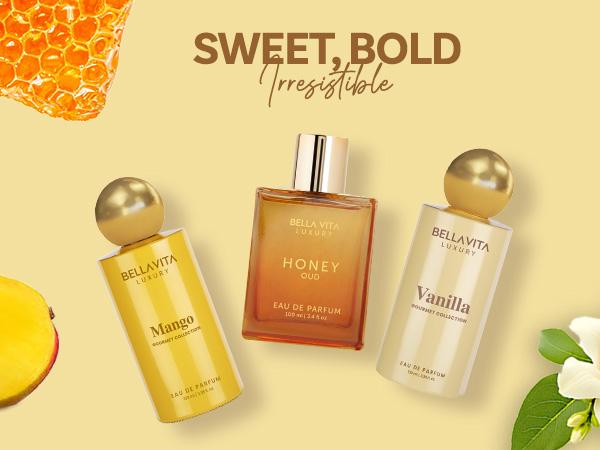 Just Desserts by BellaVita Luxury | 3x100 ml Perfume Set | Honey Oud, Vanilla & Mango | Luxury Unisex Perfume for Men & Women | Long Lasting Eau De Parfum with Patchouli, Vanilla, Bergamot, Fruity, Floral & Woody Notes | Vegan & Cruelty Free Fragrance