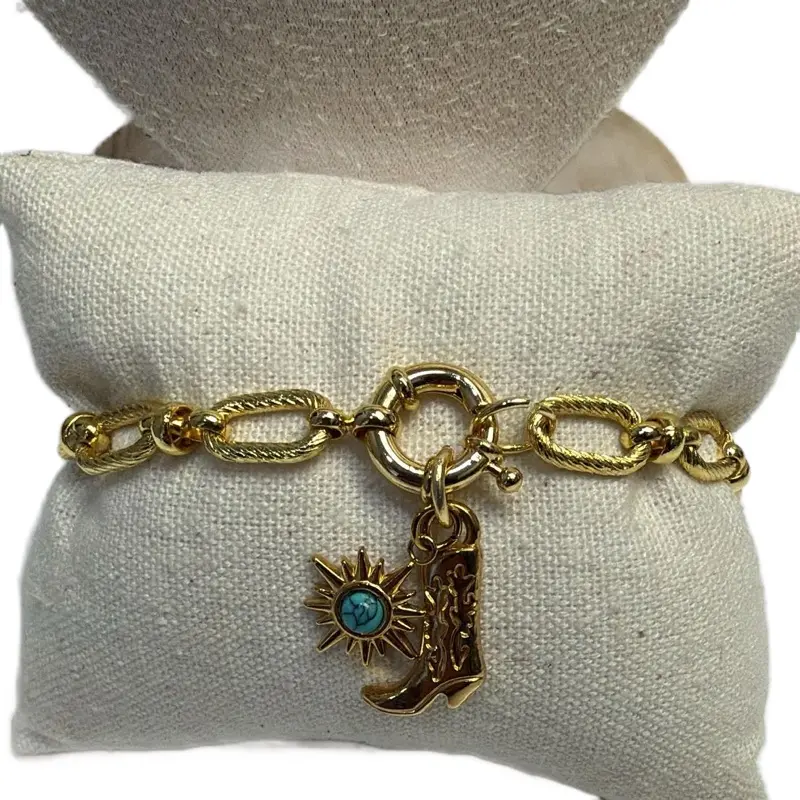 Cowgirl Charm Bracelet – Gold Western Boot & Turquoise Sun Bracelet