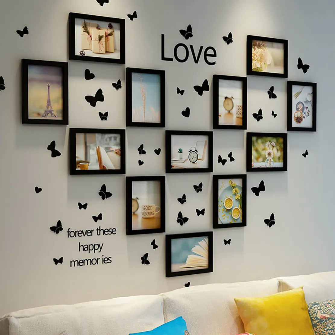 12pcs Magnetic Photo Frames Heart-Shaped DIY Photo Wall Set, Frame Design, A5 ,Butterfly & Text Decor, Self-Adhesive No-Drill Wall Mount for Home Decor, Living Room, Collage Picture Frames, Acrylic Wall Frame