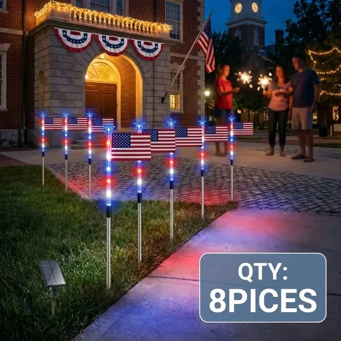 8-Piece Flag Light Set, 4th of July Decorations 8 Lighting Modes, 8-in-1 American Flag Solar Lights, Memorial Day Decorations Featuring Red, White, and Blue Lights for Independence Day Pathway Garden Decorations Yard Pathway, Solar Outdoor Lights,summervi