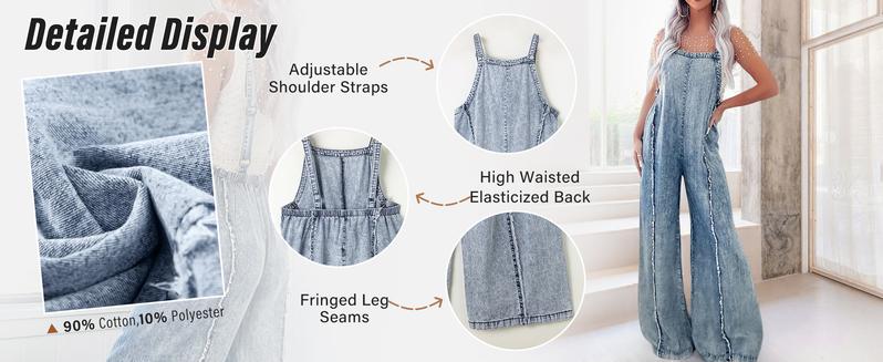 utcoco Women Loose Fit Denim Jumpsuit Adjustable Straps Wide Leg Long Pants Frayed Jean Overalls
