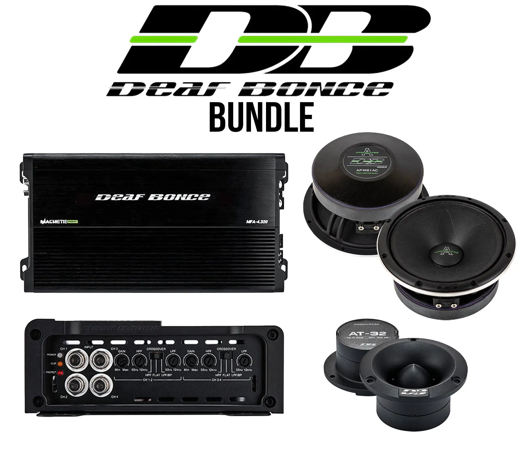 Deaf Bonce Automotive Stereo Car Audio System Bundle - Machete Fight MFA-4.320 4-Channel Amplifier, Apocalypse AP-M61AC 6.5" Mid-Range Loudspeakers, AT-32 Tweeter Pair