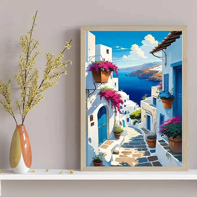 5D Square Diamond Painting Kit for Adults, Mediterranean Coastal Village with Bougainvillea, DIY Vibrant Seaside Art Craft for Wanderlust Home Wall Decor & Gifts Embroidery Thread
