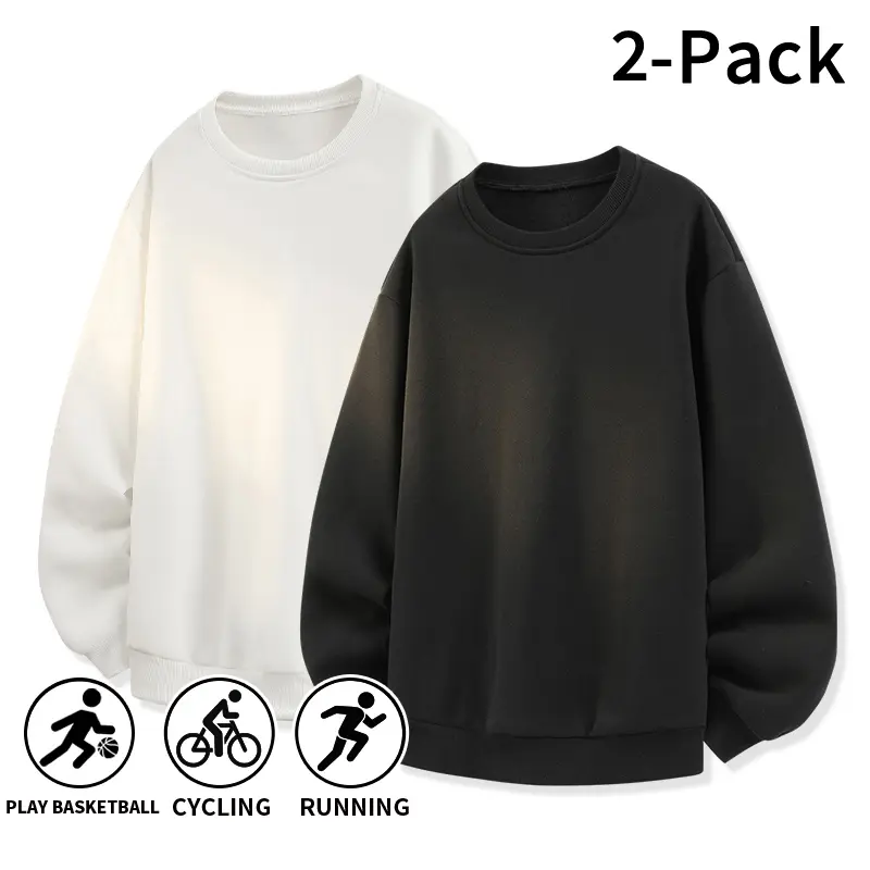 Men's Solid Color Crew Neck Sweatshirts (1-Pack/2-Pack) - Menswear Casual Minimalist Clothing, Soft Loose Long-Sleeve Pullover Tops, Breathable Round Neck Basics for Autumn & Winter Daily Outings