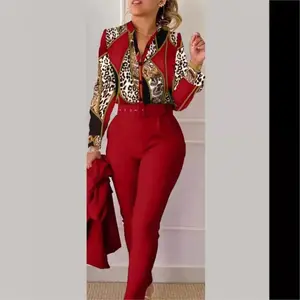 Elegant Women Printed Two Piece Suit Sets Spring Autumn V Neck Long Sleeve Shirt Top & Long Pants Set With Belt Workwear Outfits Clothes Womenswear