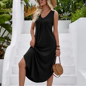 Women's V-Neck Midi Dress Sleeveless Side Slit with Pockets Loose Fit Casual Beach Dress Springfresh