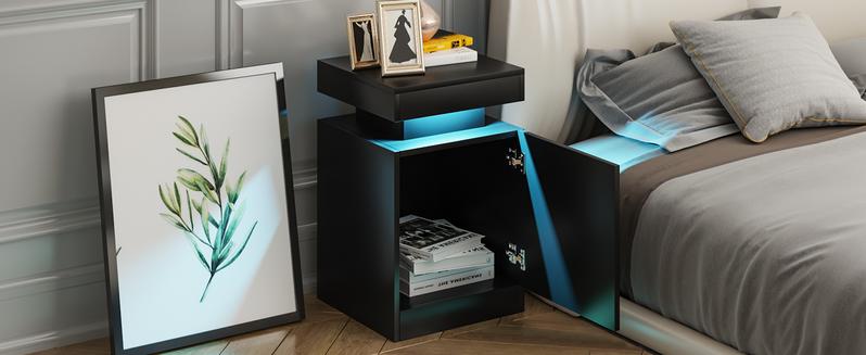 Oneinmil LED Nightstand with Storage Cabinet, Black Finish Bedside Table with Soft Ambient LED Lighting for Bedroom