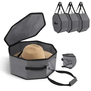 Garvee 3-Pack Grey Collapsible Hat Storage Boxes with Handles and Shoulder Strap – Large Dustproof Organizer for Cowboy, Fedora & Sun Hats – Portable Travel and Home Storage, 42×42×19cm, Grey