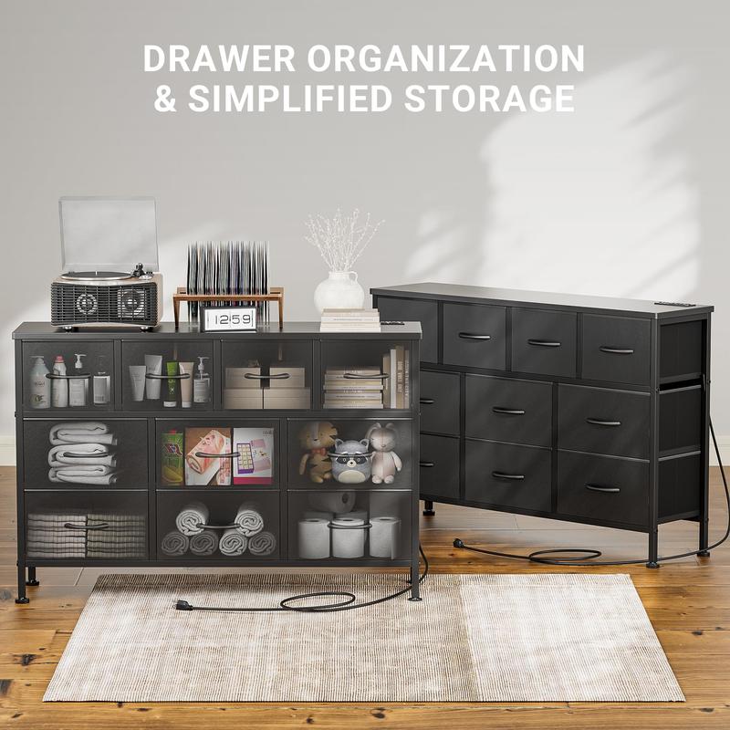 【BF&CM】AOWOS 10 Drawer Dresser, Dresser TV Stand with Power Outlet, Bedroom Dresser, Chest of Drawers for 55'' Long TV, Wide Fabric Dresser for Storage and Organization Modern Accent Cabinet