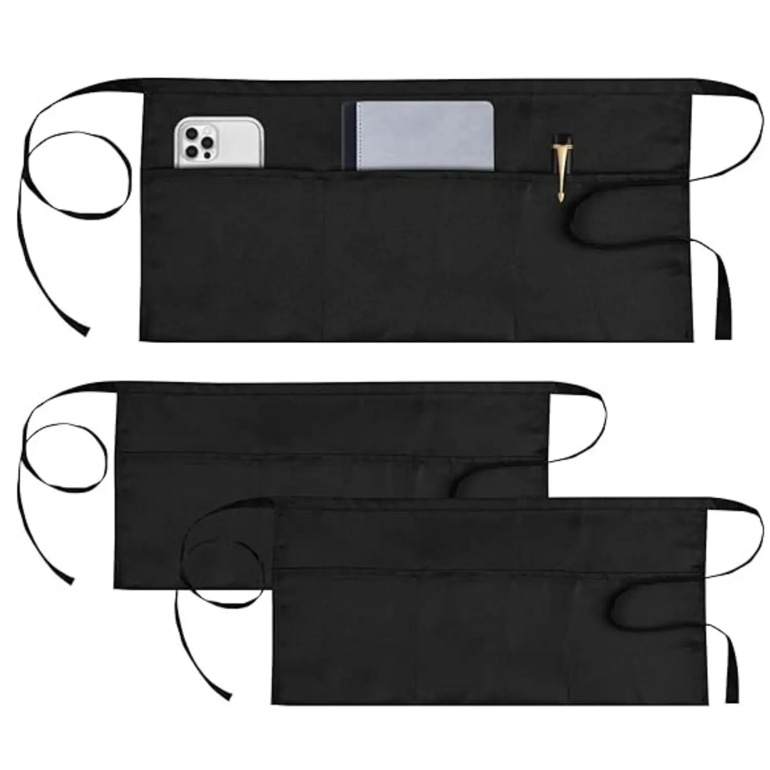 Black 3-Pack Server Waist Aprons (100% Polyester, 11.5in) - Lightweight, Comfortable, Waterdrop-Resistant Kitchen Workwear with Adjustable Tie Straps, 3 Front Pockets, Machine Washable, Shrink-Resistant for Waitstaff (Home Improvement Building Supplies),