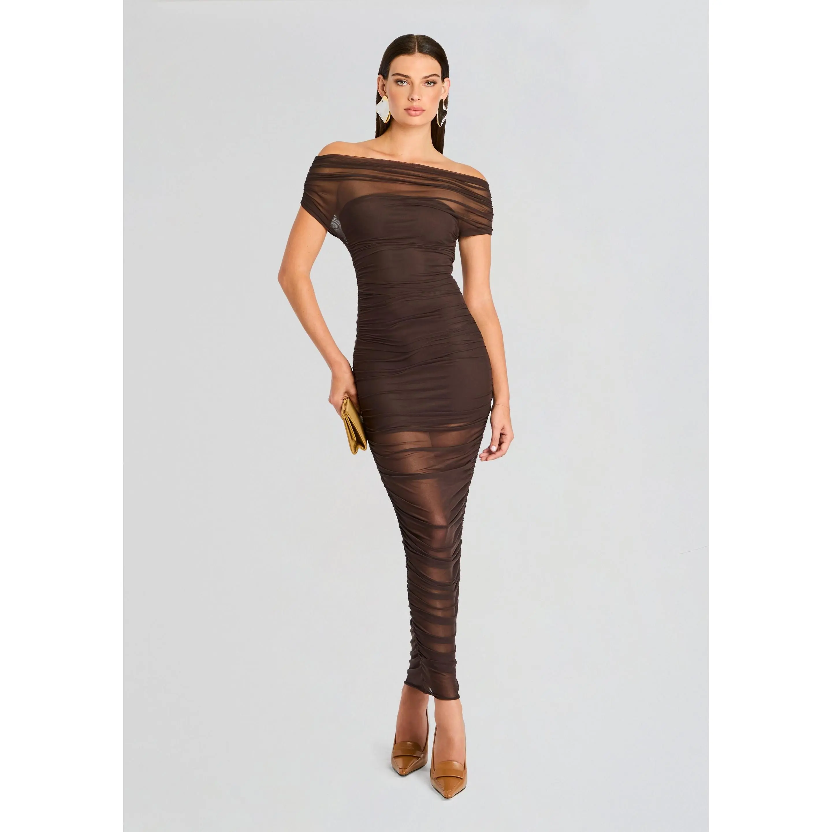 knee length dresses for ladies Trina Mesh Ruched Midi Dress – SEROYA main image 0