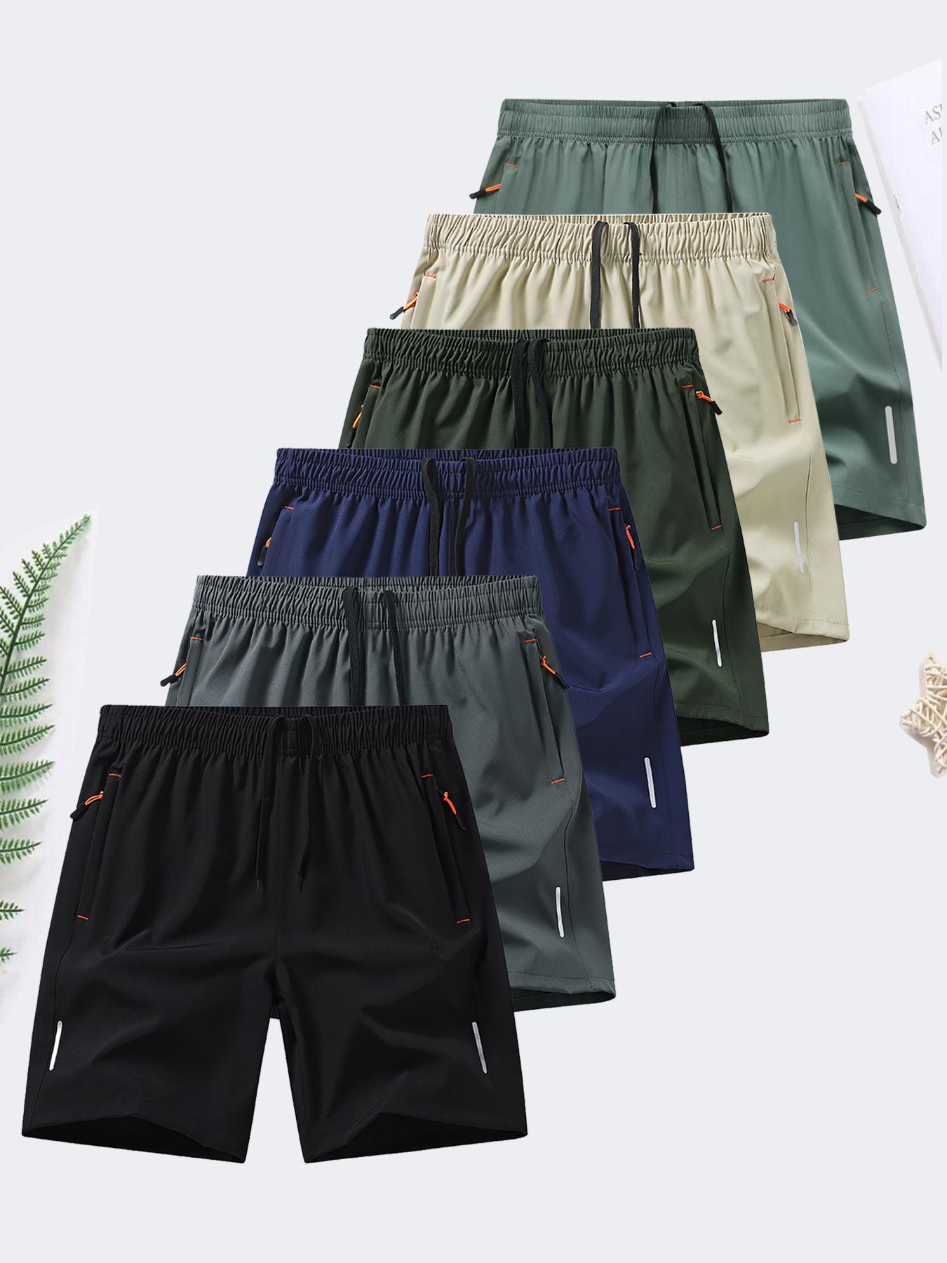 6-piece set, men's zipper pocket shorts, summer ice silk beach shorts, ice-sense quick-dry sports casual pants, basketball shorts thin, plus-size men's clothing reflective strip design,  Menswear，Plain Trouser，suitable for running and fitness. Beige