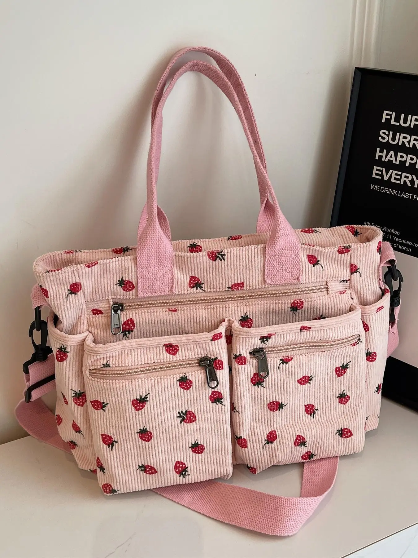 New Strawberry Print Large Capacity Multi-Pocket Tote Bag, Casual Fashion Simple Shoulder Bag, Ideal for Students, Shopping and Commuting, Summer Bags