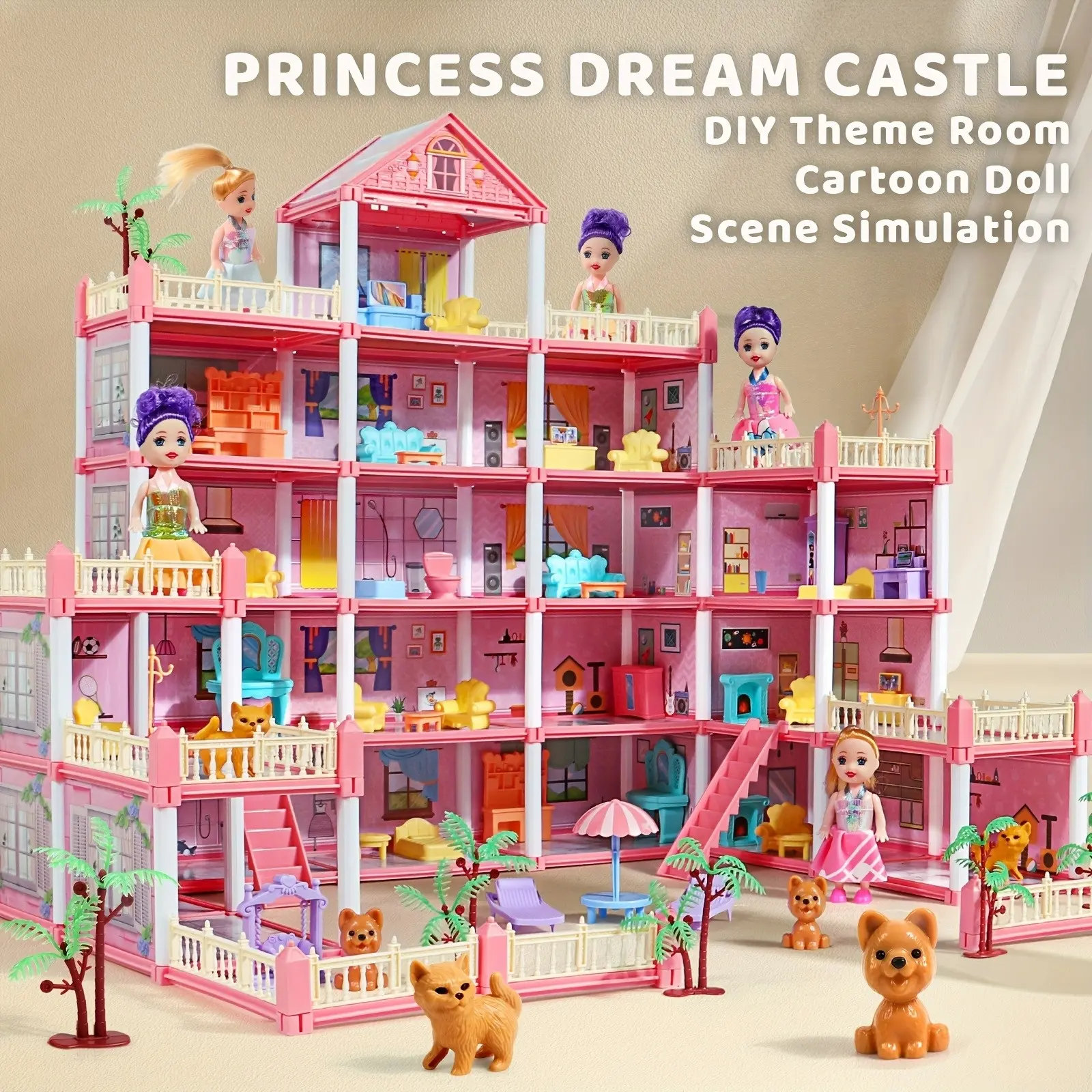 Pink Princess Castle DIY Dollhouse Set - Fully Furnished Pretend Play Toy House with Stairs, Slide & Accessories, Kids Girls Gifts For 3 4 5 6 Years