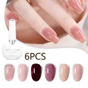 PERFECTCOLOR 6PCS * 12ML Sparkling Romance Rubber Base Gel Set - Long Lasting Shimmering Rose & Cherry Red Builder Gel, 4 in 1 Nail Strengthening & Color Base Soak Off UV LED Gel