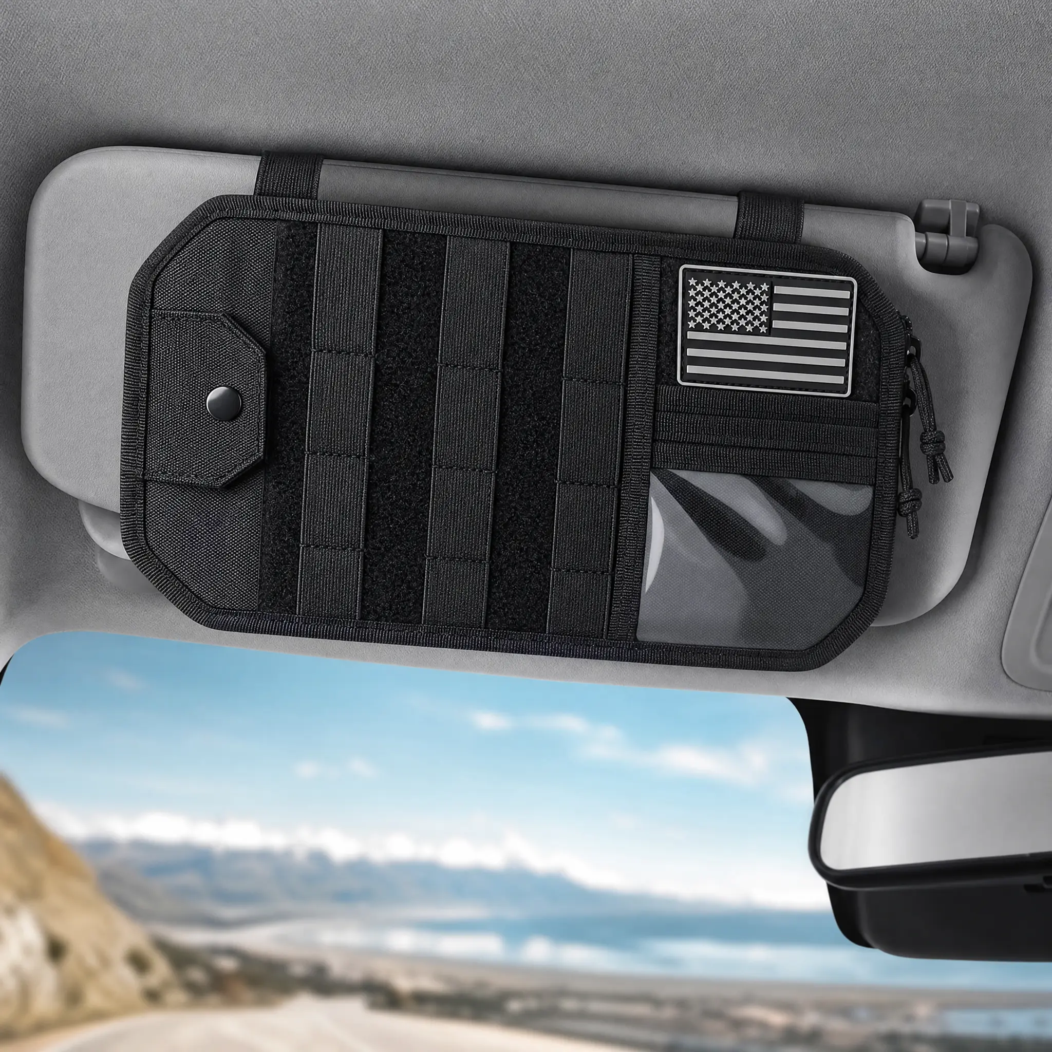 Molle Car Sun Visor Organizer, Multi-Storage Tactical Accessories for Most Cars Trucks Pickups Patrols, 12.8x6.9in Semi-Rigid Molle Panel, Toolless Install, Organize Gear with Zip Storage Pouch, Glasses Holder, Patch, Secure Hold