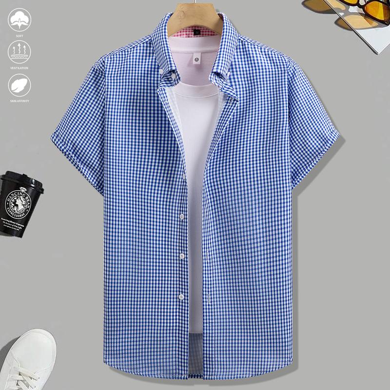 3-piece set, summer short-sleeve shirts, lightweight breathable plaid shirts, suitable for beach vacations, pool parties, and casual wear, plaid shirts, men's shirts, men's short-sleeve tops