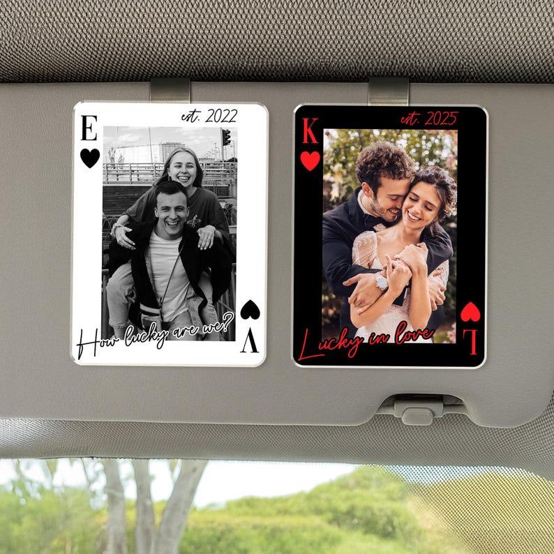 Personalized Your Photo Car Hanging Keychain, Drive Safe Gift for Him, Valentine's Day Gift Boyfriend, Couple Playing Card Car Visor Clip