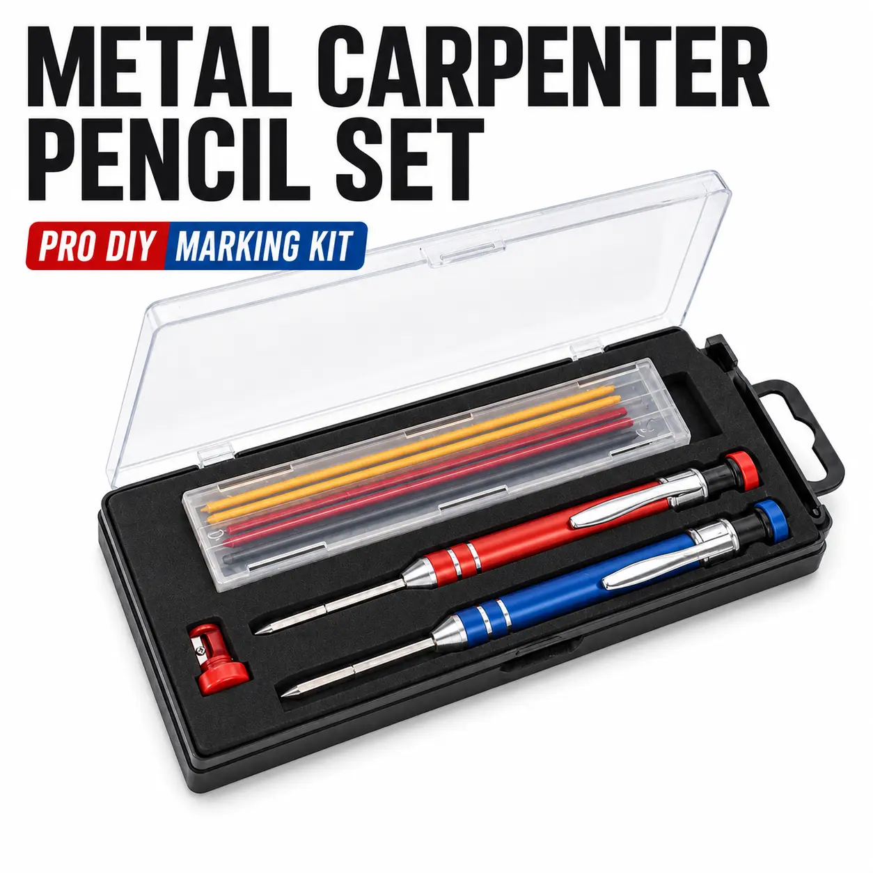 Portable Aluminum 2 Metal Carpenter Pencils Kit - Deep Hole Tip, Sharpener, Includes Refills, Ergonomic Durable Body, Precise Mark for Woodworking, Brick & Tile Installation - Pro Building Hand Tool, Builders