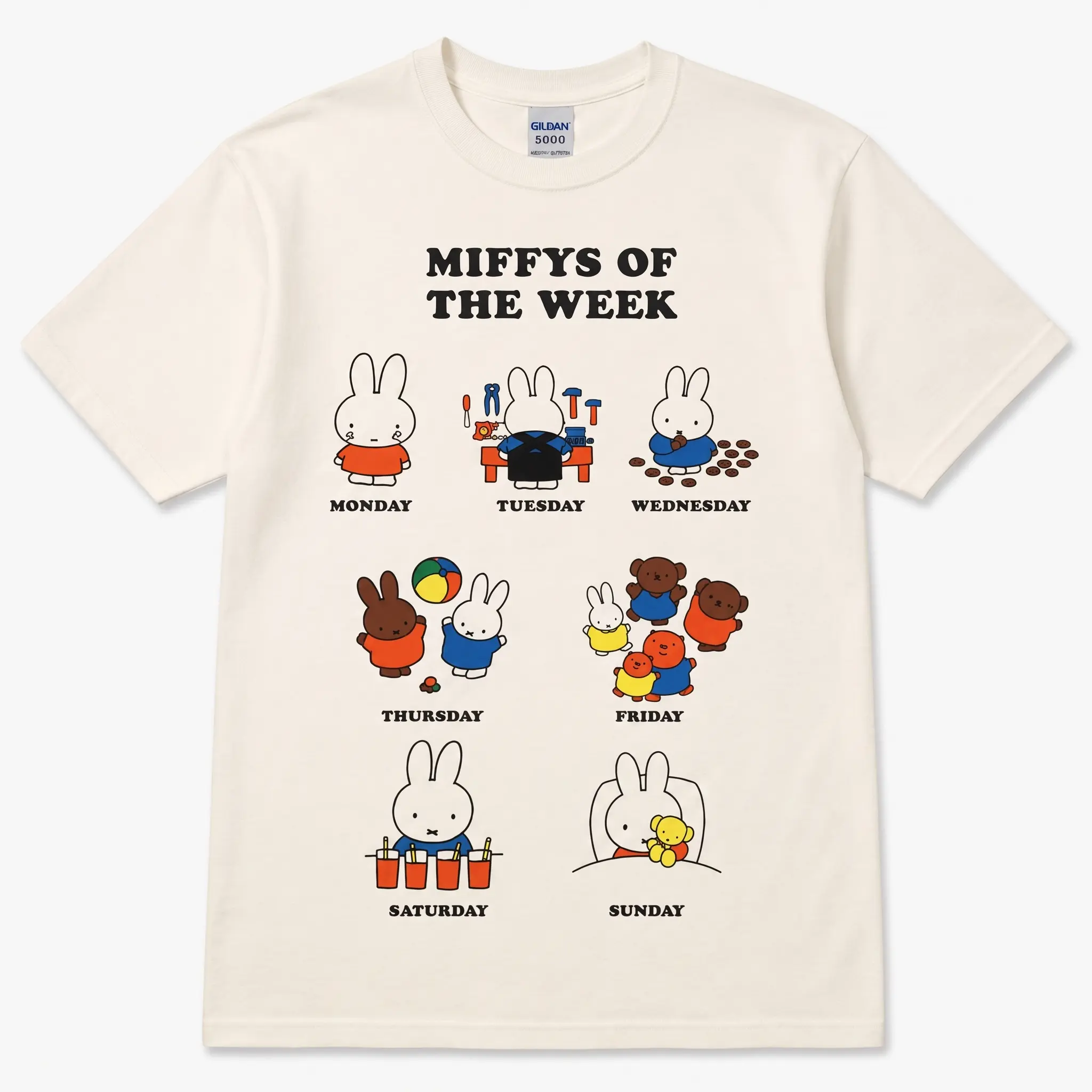 Cute Miffy Days of the Week Graphic T-Shirt for Women, Kawaii Bunny Vintage Cotton Tee, Casual Short Sleeve Cartoon Shirt,  Classic