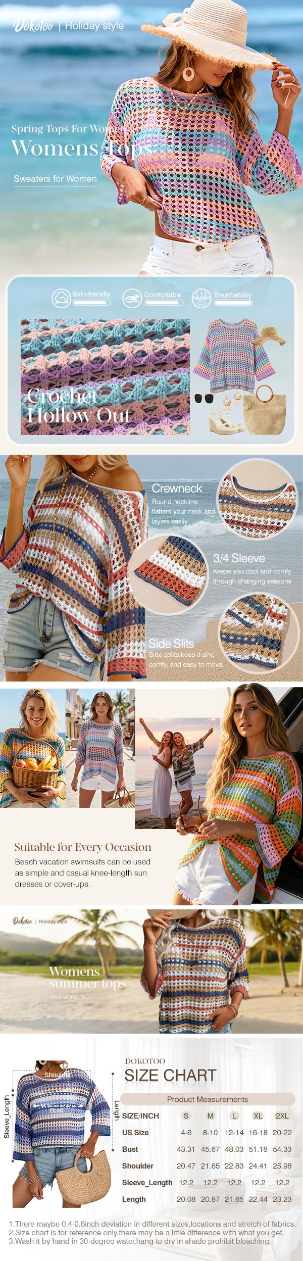 Dokotoo Womens Spring Summer 3/4 Sleeve Crochet Sweater Hollow Out Color Block Striped Tops Casual Beach Vacation Cover Ups Hi-low Tops with Side Slit