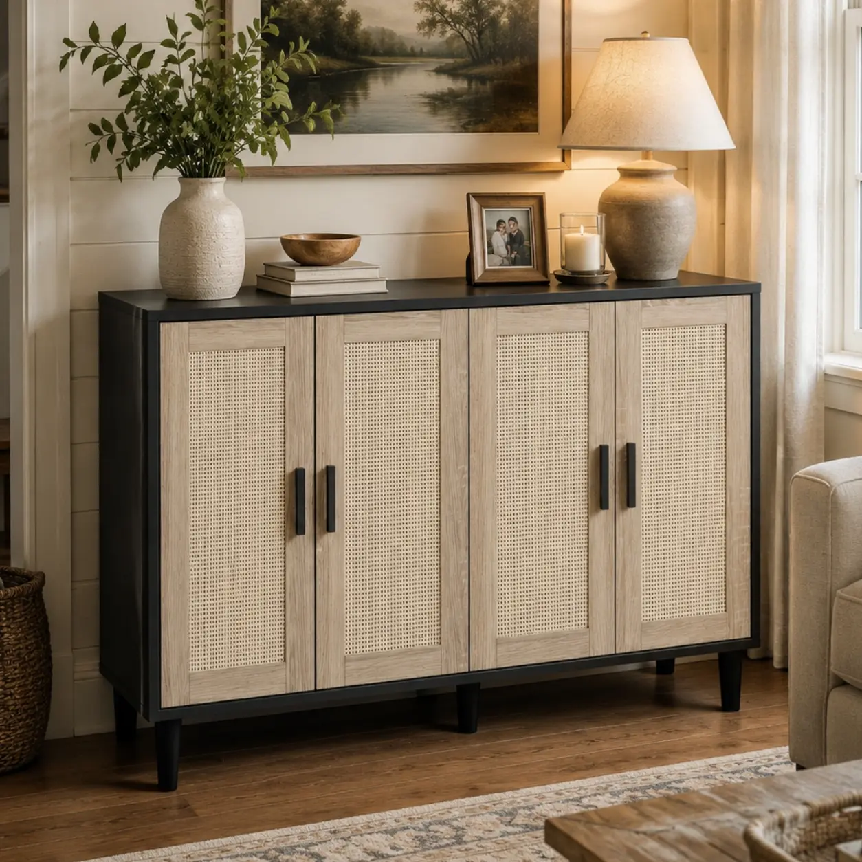 Buffet Cabinet, Sideboard with 4 Doors and Adjustable Shelves, Rattan Storage Cabinet Coffee Bar Display Cabinet Console Table Credenza for Kitchen Entryway