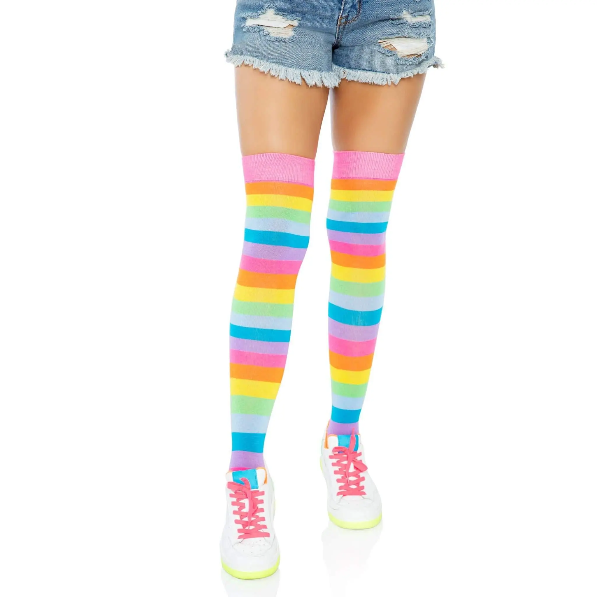 Women's Thigh High Socks in Neon Rainbow Stripes, Funky Costume Hosiery Fabric with a Reinforced Toe, Halloween, Funky Look, Bright Neon Colors, Stockings, Everyday, Colorful, Comfortable, Standout Stripes, Bright, Happy Neon Colors