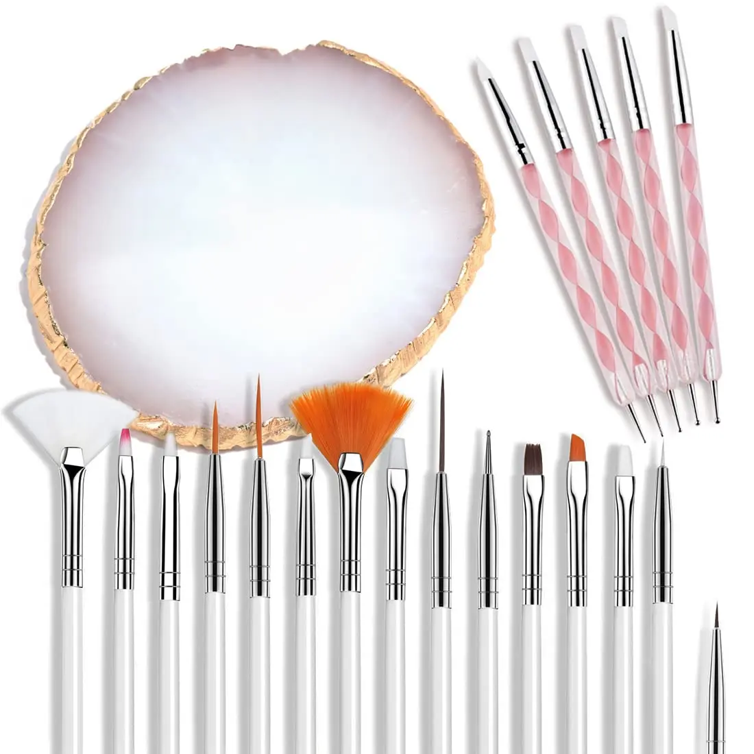 Nails Set - 15pcs Fine Detail Manicure Painting Brushes, 1 Gilded Resin Agate Stone Palette, 5 Acrylic Silicone Double-Ended Dotting Pen Nail Art Tools, Festive Party Decor Shooting Props, Dotting Tools, Mix & Display