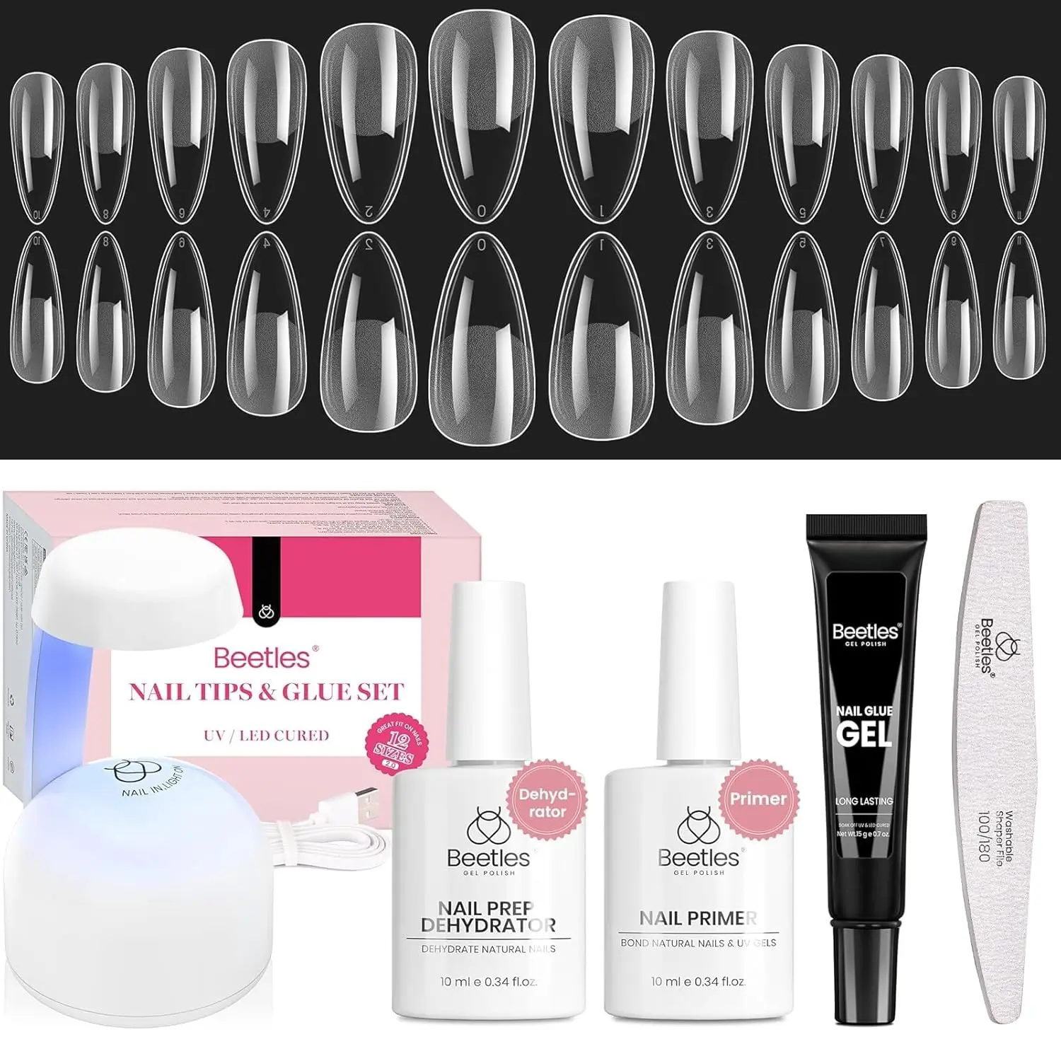 Beetles Gel Nail Kit with Nail Dehydrator and Primer, 576Pcs Half Matte Etch-X Gel Nail Tips Solid Nail Glue Mini Nail Lamp Acrylic Nail Tips Easy DIY Nail Extension Set Gift for Women