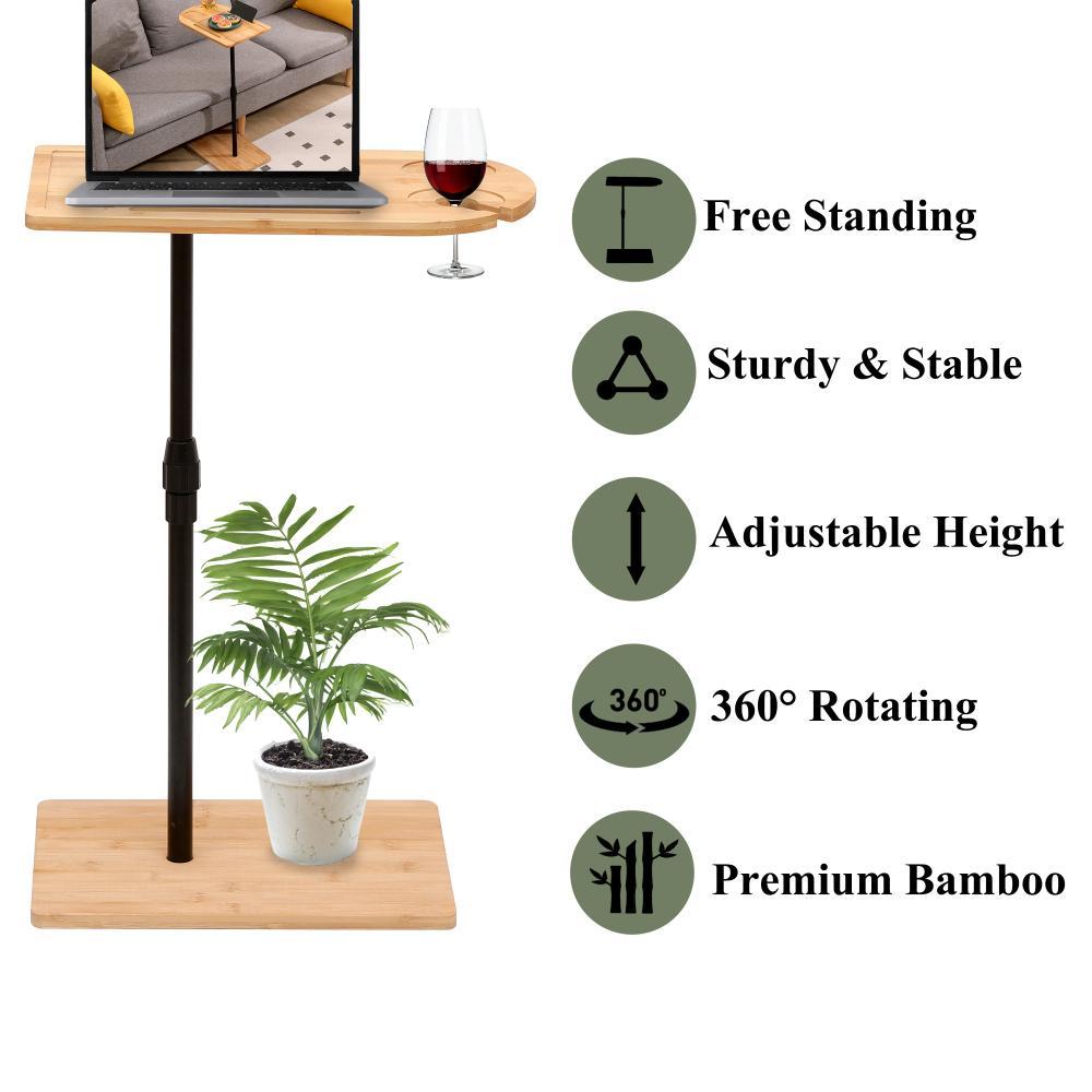 Couch Tray Table Bamboo Height Adjustable Side Table for Sofa C-shaped Oval End Tables with Slots for Bed & Chairs in Living Room & Bedroom