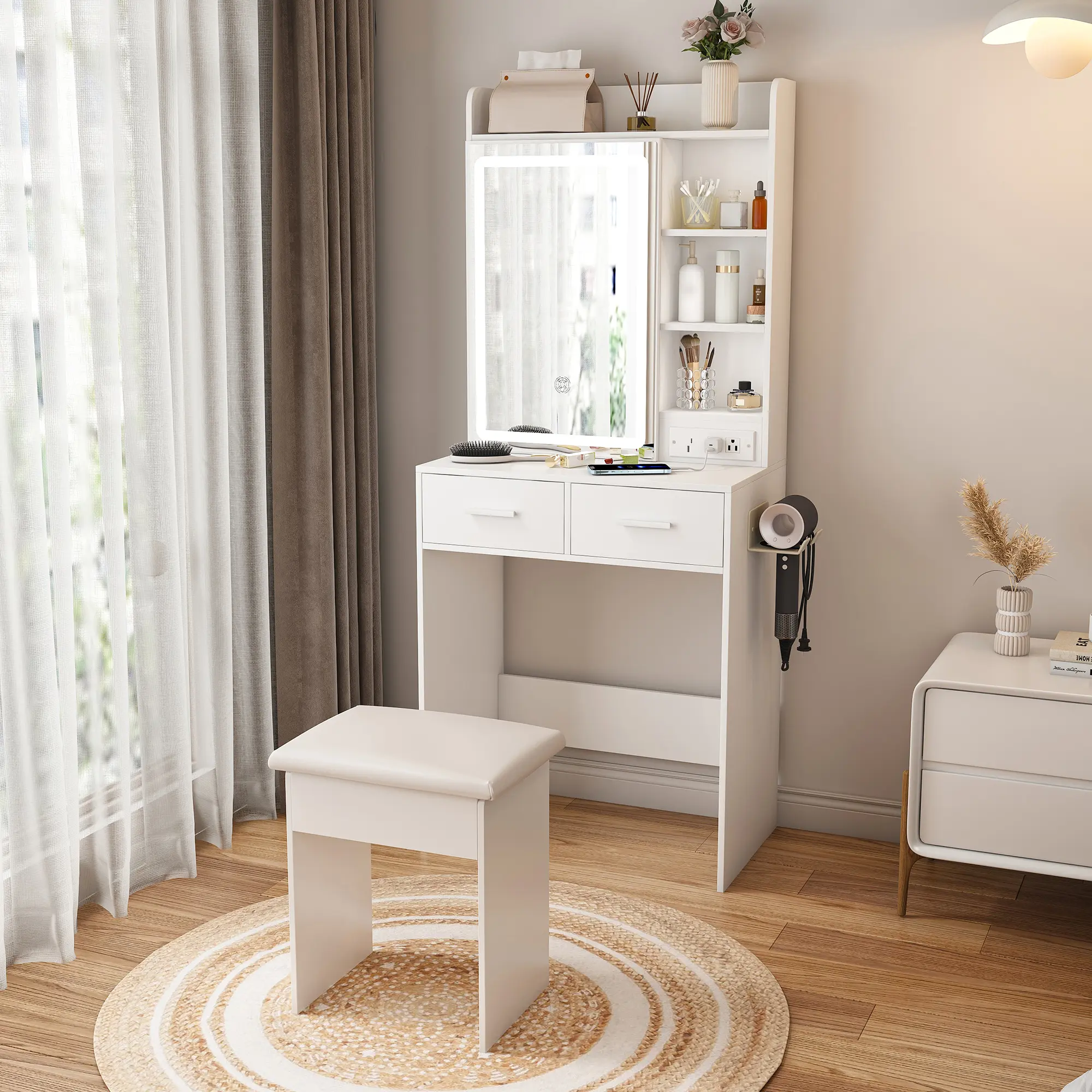 Small Makeup Vanity Desk with Mirror and Bright Light, Furniture Set with Adjustable Brightness, Power Outlet, 2 Drawers, 6 Shelves, Organizing Storage & Matching Stool for Bedroom, White