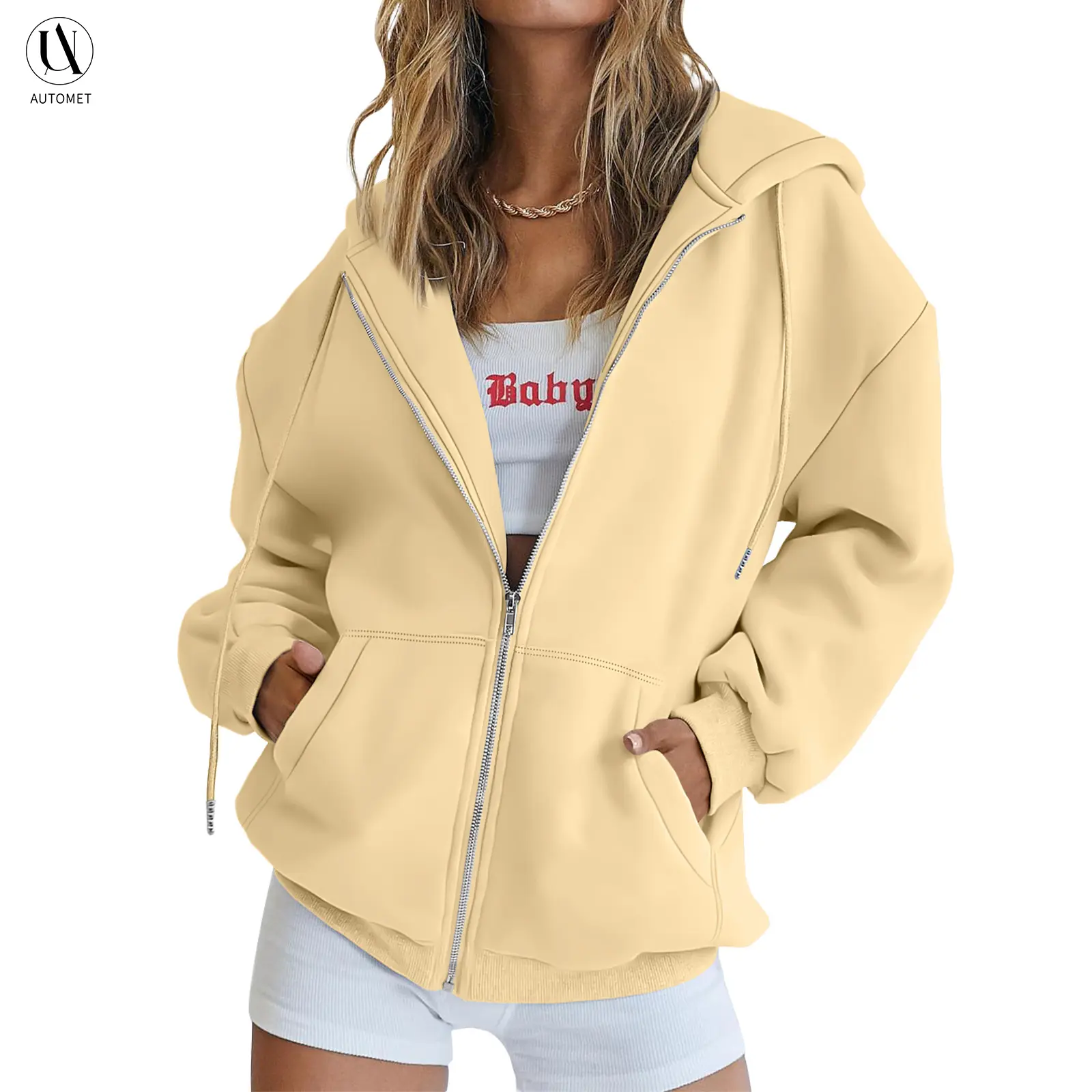 AUTOMET Women's Casual Oversized Zip-Up Hoodie - Long Sleeve Loose-Fit Basic Sweatshirt Jacket with Kangaroo Pouch, Outdoor Multi-Sport Top for 2025 Fall-Winter, Hoodies for Women, Jackets Zip Up, Pullover