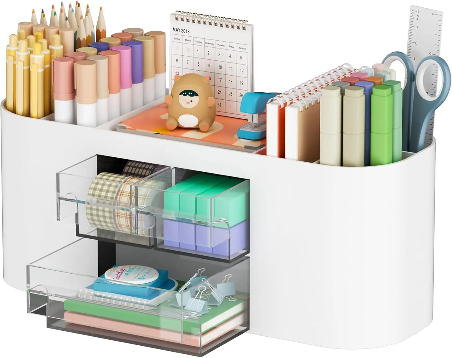 Desk Organizer Pen Holder for Desk with 3 Drawers, Multi-Functional Pencil Holder, Desk Organizers and Accessories with 7 Compartments for Home, School, Classroom(White)