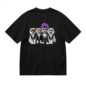 Cute Cat T-Shirt - Gift for Cat Dad Black Graphic Tee with Rock Band Design for Cat Lovers 100% Cotton Soft Comfortable Breathable