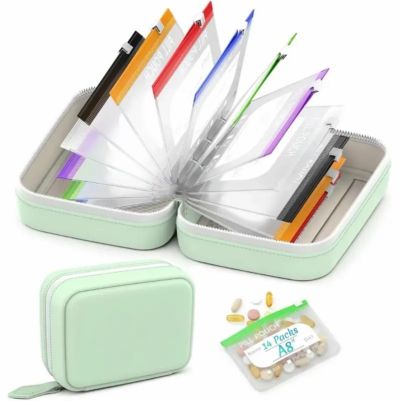 A8 Waterproof Healthcare Pill Pouch Set - Large Weekly Pill Organizer with 14 Color-Coded Reusable Zippered Pouches for Travel, Fish Oils, Vitamins