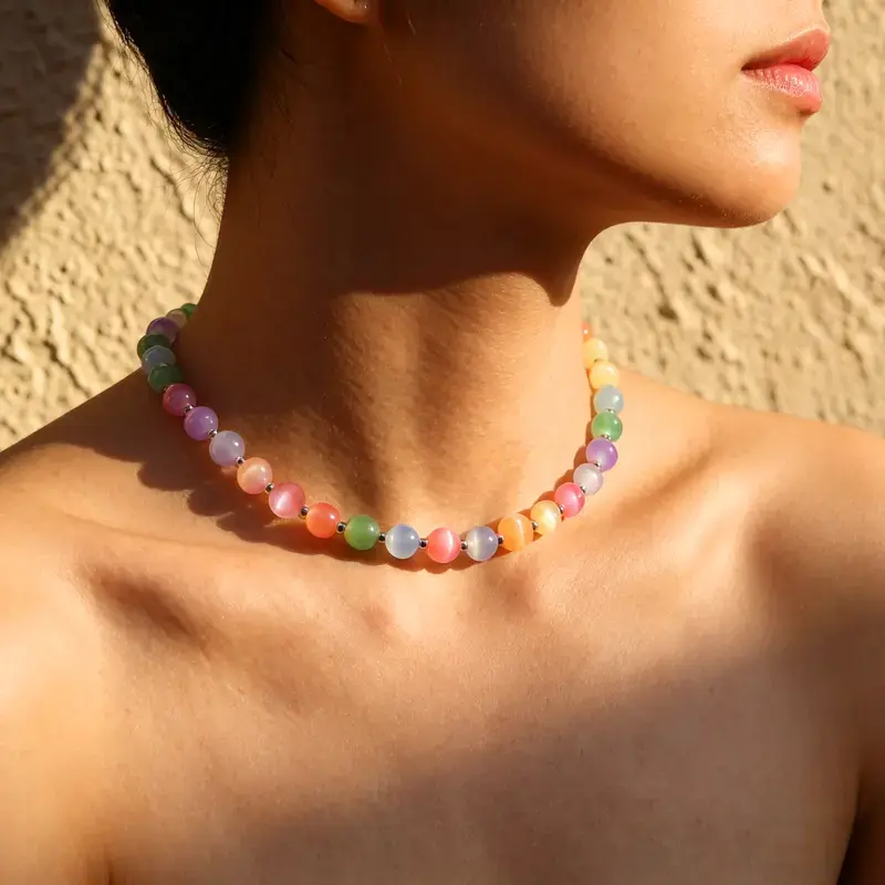 YLNWH Dopamine Necklace - Rainbow Beaded Choker - UV Reactive Necklace Waterproof - Summer Jewelry Stainless Steel, Stackable