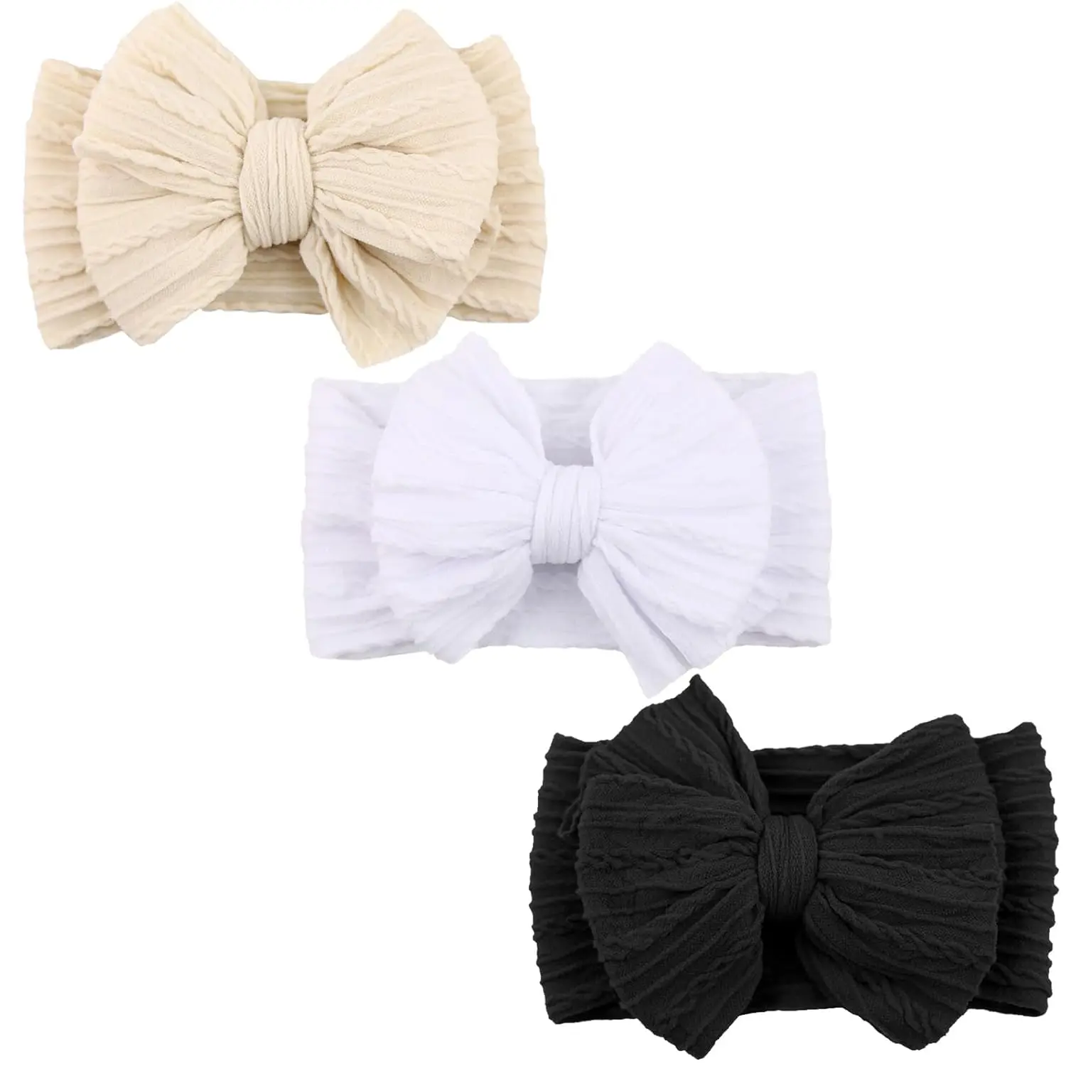 Handmade Solid Color Plain Baby Headbands - Soft Stretchy Nylon Hair Bands with Charming Bows, 1 Size for Newborn Infant Girls, Black White Cream,back to school