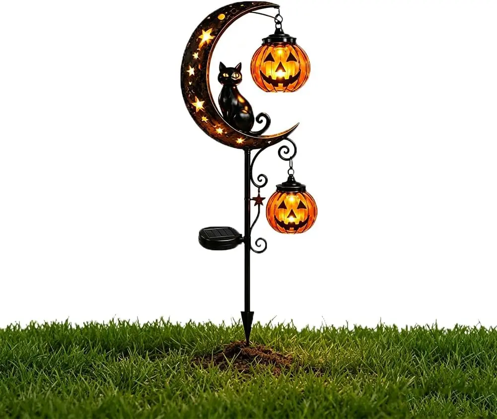 Solar Halloween Black Cat and Pumpkin Month Garden Post Lamp, Outdoor Waterproof LED Garden Decorative Moon Ring, Hanging Pumpkin Lamp, Suitable for Gardens, Patios, Walkways, Porches