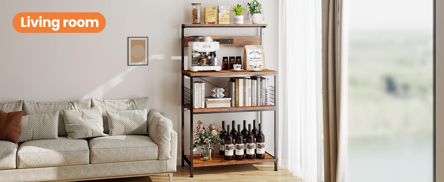 Kitchen Bakers Rack with Power Outlet, Coffee Bar Table 4 Tiers, Microwave Oven Stand Station, Adjustable Storage Shelf for Spices, Freestanding Appliance Organizer
