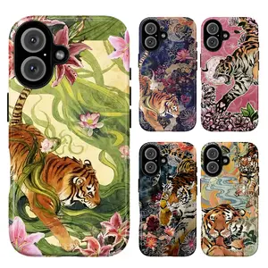 Tiger chinese Artistic Phone Case Set, flowers soft swirling clouds floral tigers vibrant majestic retro pop art vibes baddie baby girl aesthetic gift fashion vibes, iPhone 17 16 15 14 13 12 Pro Max Plus X, Galaxy S26 S25 S24 S23 S22 S21 Ultra