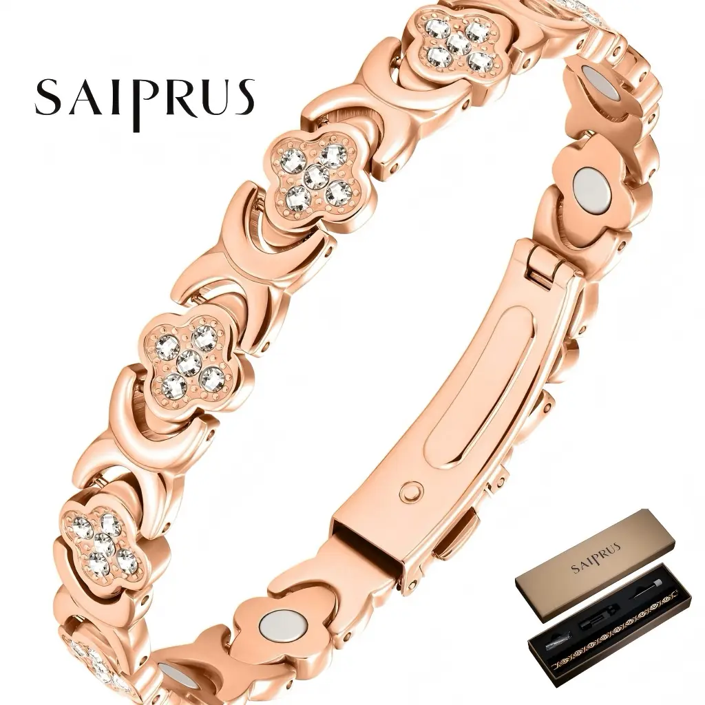 SAIPRUS Women's Rose Gold Plated Pure Copper Magnetic Bracelet - Elegant Bangle, Lucky Clover Design, 3500 Gauss Magnetic Force, Floral Stones, Arm Candy Accessories, Gift Box Packaging