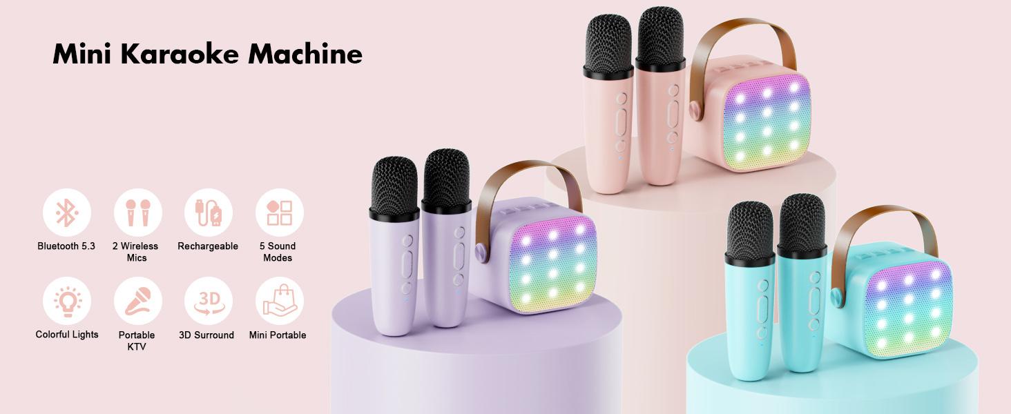 Mini Karaoke Machine with 2 Microphones, Portable Bluetooth Karaoke Machine with Light, Birthday Gifts for Girls Boys Son Daughter Home Party