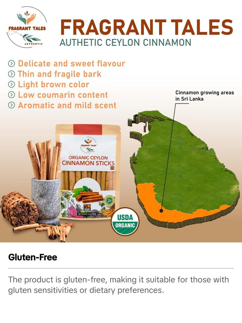 Premium Organic Ceylon Cinnamon Sticks - 2 oz (56g)( 7 - 9, 5" sticks), True Ceylon, USDA Certified, Non-GMO, Gluten-Free, Pure Sri Lankan Cinnamon for Cooking & Baking