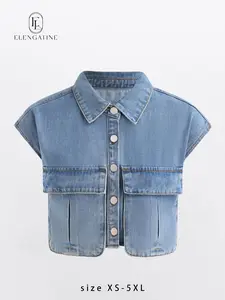 Women's Bohemian Basic Denim Vest, Polyester-Cotton Blend, Rounded Collar, Wide Shoulders, Slit Pockets, Button-Front Closure, Comfortable Elegance for Autumn Fashion,summervibes