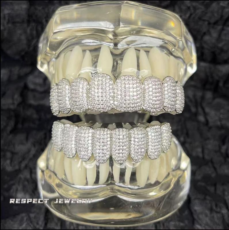 Diamond Grillz unisex 8-Tooth Micro-Paved Zircon Full Coverage Iced Out Luxury Statement Hip Hop Party Nightclub Performance