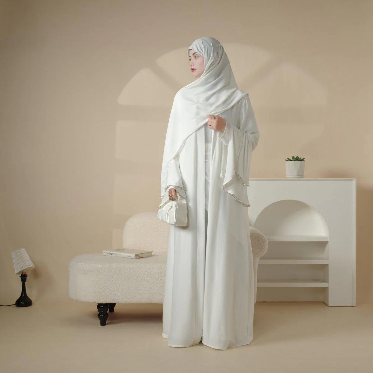 Elegant Satin Crepe Ruffle Sleeve Abaya Set 5-Piece Modest Dress with Belt, Hijab, Inner Dress & Triangle Skirt | Luxurious Full-Length Design, Side Pockets, Customizable Sizes | Perfect for Ramadan, Eid,MOA033 Elegant Satin Crepe Ruffle Sleeve Abaya Set 5-Piece Modest Dress with Belt, Hijab, Inner Dress & Triangle Skirt | Luxurious Full-Length Design, Side Pockets, Customizable Sizes | Perfect for Ramadan, Eid,MOA033